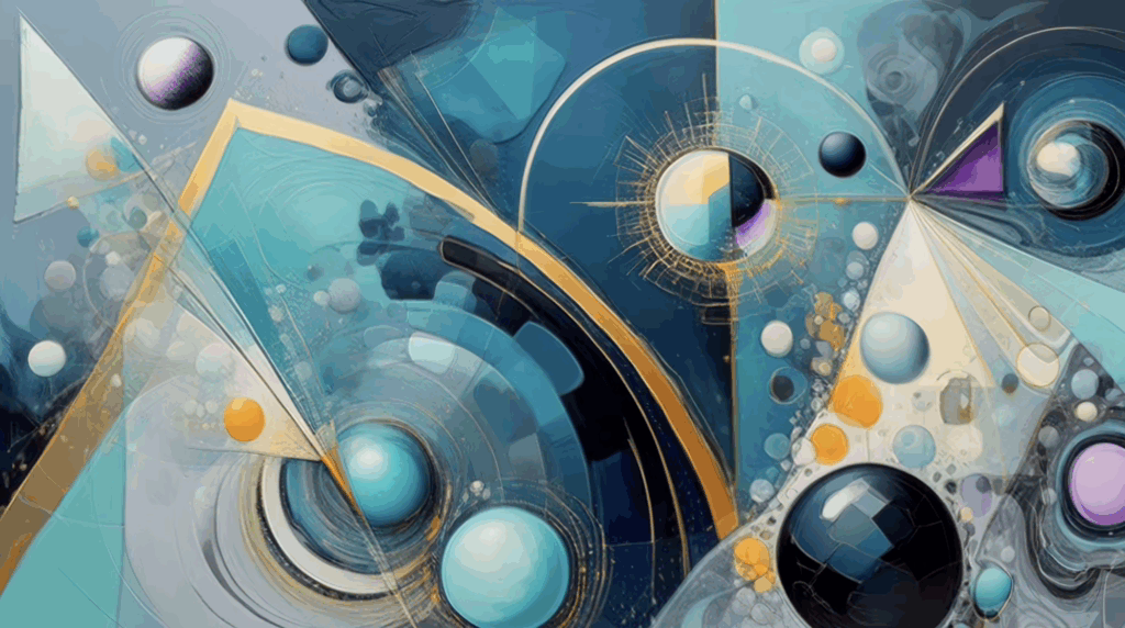 Abstract geometric spheres and golden lines offering reflective trippy visuals for LSD trips.